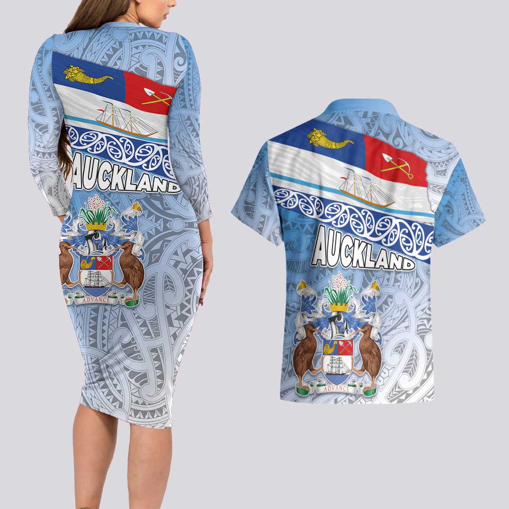 New Zealand Auckland Couples Matching Long Sleeve Bodycon Dress and Hawaiian Shirt Auckland's Flag and Coat of Arms - Koru Art Maori Pattern LT03 - Polynesian Pride