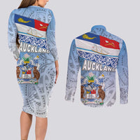 New Zealand Auckland Couples Matching Long Sleeve Bodycon Dress and Long Sleeve Button Shirt Auckland's Flag and Coat of Arms - Koru Art Maori Pattern