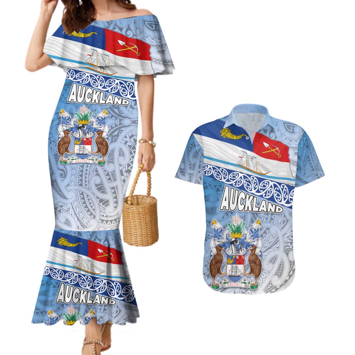 New Zealand Auckland Couples Matching Mermaid Dress and Hawaiian Shirt Auckland's Flag and Coat of Arms - Koru Art Maori Pattern LT03 Light Blue - Polynesian Pride