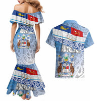 New Zealand Auckland Couples Matching Mermaid Dress and Hawaiian Shirt Auckland's Flag and Coat of Arms - Koru Art Maori Pattern LT03 - Polynesian Pride