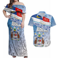 New Zealand Auckland Couples Matching Off Shoulder Maxi Dress and Hawaiian Shirt Auckland's Flag and Coat of Arms - Koru Art Maori Pattern LT03 Light Blue - Polynesian Pride
