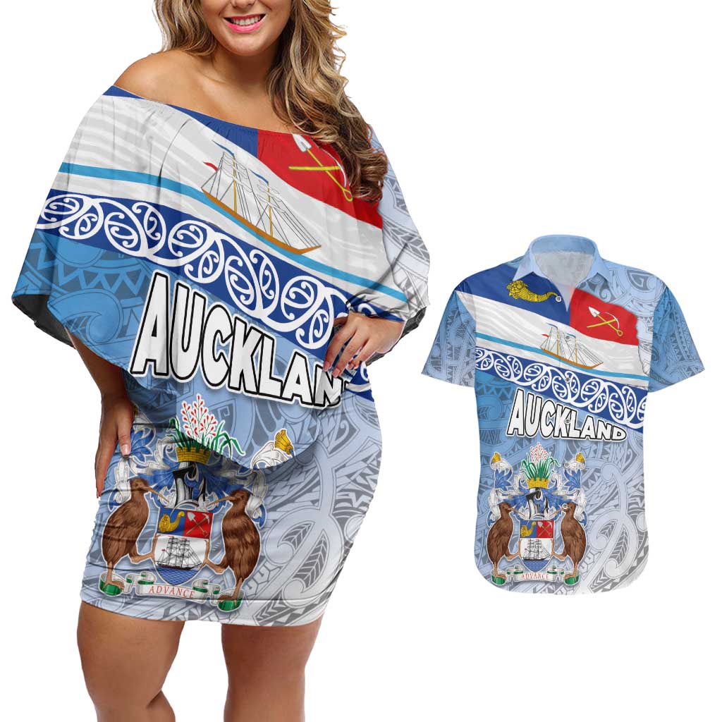 New Zealand Auckland Couples Matching Off Shoulder Short Dress and Hawaiian Shirt Auckland's Flag and Coat of Arms - Koru Art Maori Pattern