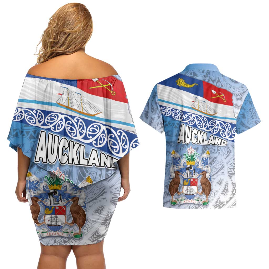 New Zealand Auckland Couples Matching Off Shoulder Short Dress and Hawaiian Shirt Auckland's Flag and Coat of Arms - Koru Art Maori Pattern