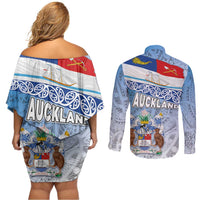 New Zealand Auckland Couples Matching Off Shoulder Short Dress and Long Sleeve Button Shirt Auckland's Flag and Coat of Arms - Koru Art Maori Pattern