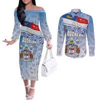 New Zealand Auckland Couples Matching Off The Shoulder Long Sleeve Dress and Long Sleeve Button Shirt Auckland's Flag and Coat of Arms - Koru Art Maori Pattern