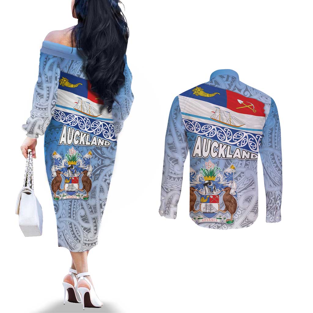 New Zealand Auckland Couples Matching Off The Shoulder Long Sleeve Dress and Long Sleeve Button Shirt Auckland's Flag and Coat of Arms - Koru Art Maori Pattern