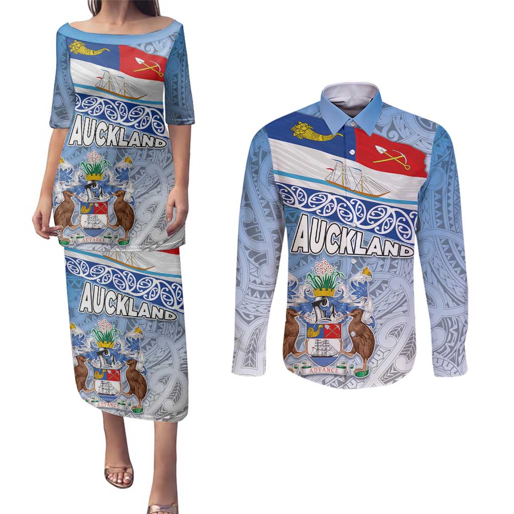 New Zealand Auckland Couples Matching Puletasi and Long Sleeve Button Shirt Auckland's Flag and Coat of Arms - Koru Art Maori Pattern