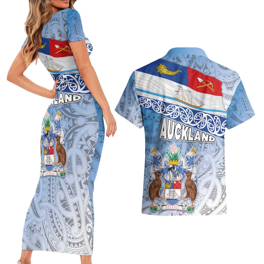 New Zealand Auckland Couples Matching Short Sleeve Bodycon Dress and Hawaiian Shirt Auckland's Flag and Coat of Arms - Koru Art Maori Pattern LT03 - Polynesian Pride