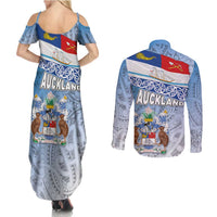 New Zealand Auckland Couples Matching Summer Maxi Dress and Long Sleeve Button Shirt Auckland's Flag and Coat of Arms - Koru Art Maori Pattern