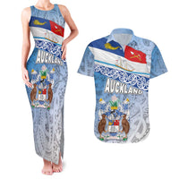 New Zealand Auckland Couples Matching Tank Maxi Dress and Hawaiian Shirt Auckland's Flag and Coat of Arms - Koru Art Maori Pattern
