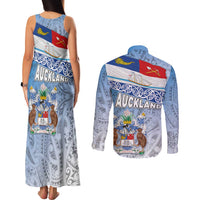 New Zealand Auckland Couples Matching Tank Maxi Dress and Long Sleeve Button Shirt Auckland's Flag and Coat of Arms - Koru Art Maori Pattern
