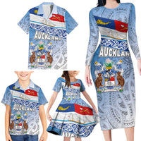 New Zealand Auckland Family Matching Long Sleeve Bodycon Dress and Hawaiian Shirt Auckland's Flag and Coat of Arms - Koru Art Maori Pattern LT03 - Polynesian Pride