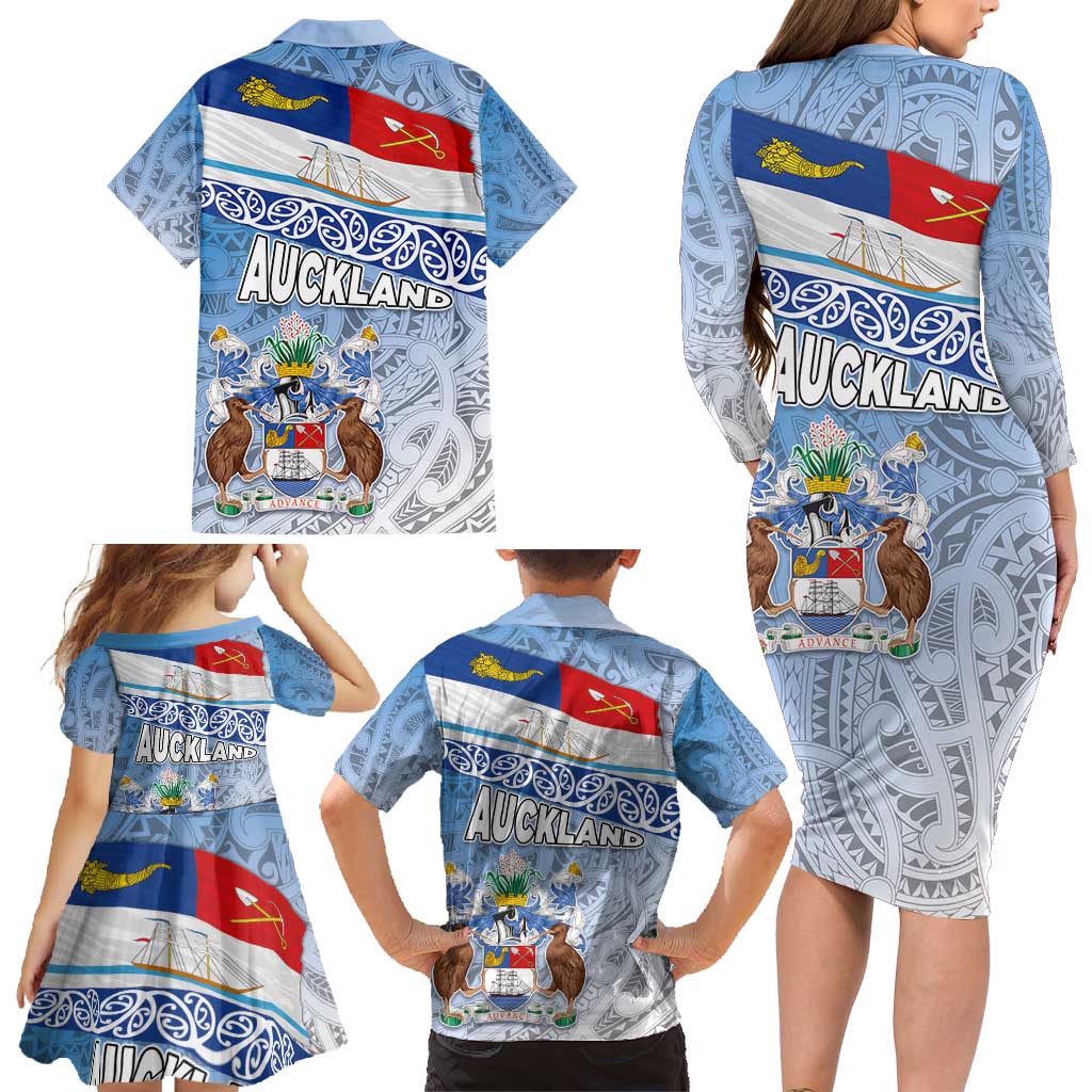 New Zealand Auckland Family Matching Long Sleeve Bodycon Dress and Hawaiian Shirt Auckland's Flag and Coat of Arms - Koru Art Maori Pattern LT03 - Polynesian Pride