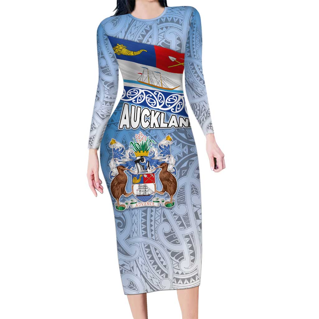 New Zealand Auckland Family Matching Long Sleeve Bodycon Dress and Hawaiian Shirt Auckland's Flag and Coat of Arms - Koru Art Maori Pattern LT03 Mom's Dress Light Blue - Polynesian Pride