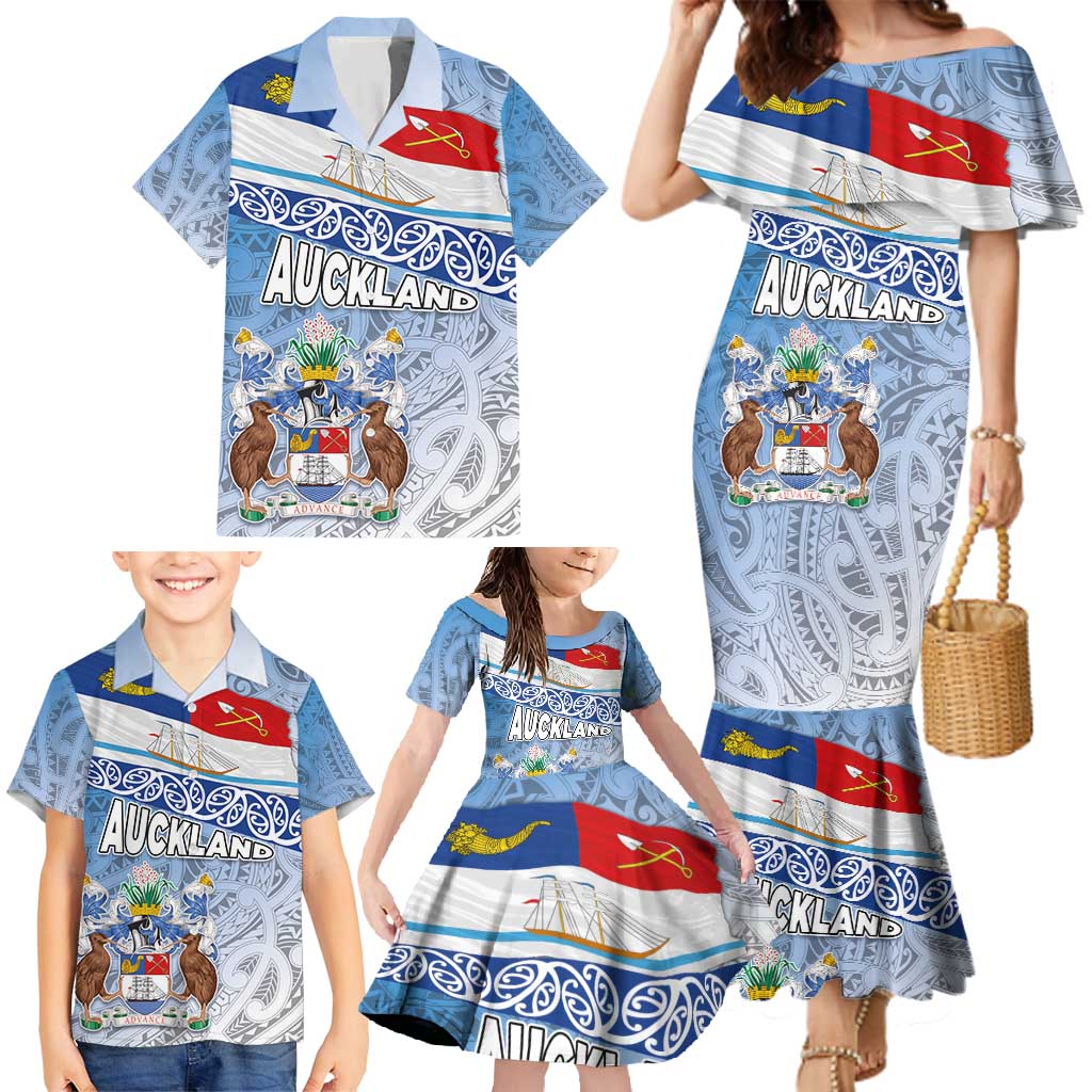 New Zealand Auckland Family Matching Mermaid Dress and Hawaiian Shirt Auckland's Flag and Coat of Arms - Koru Art Maori Pattern LT03 - Polynesian Pride