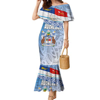 New Zealand Auckland Family Matching Mermaid Dress and Hawaiian Shirt Auckland's Flag and Coat of Arms - Koru Art Maori Pattern LT03 Mom's Dress Light Blue - Polynesian Pride
