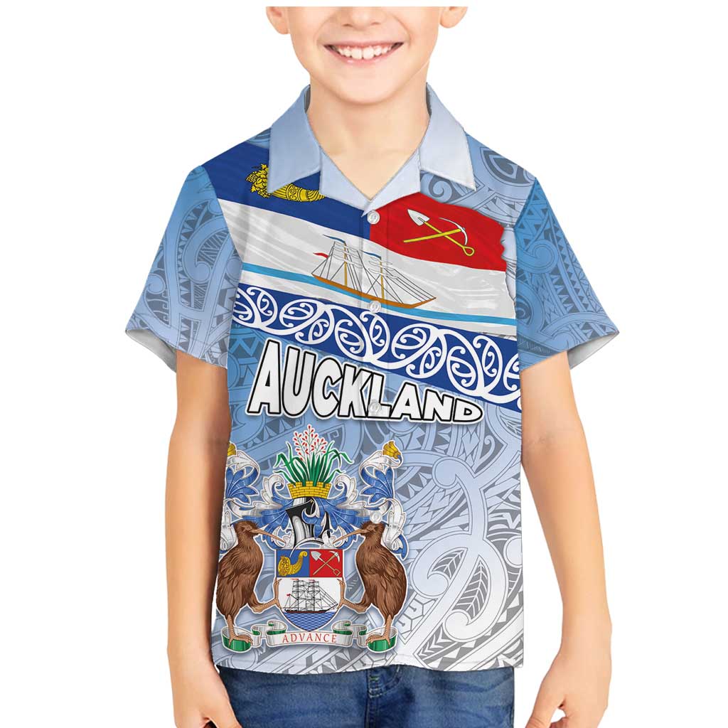 New Zealand Auckland Family Matching Mermaid Dress and Hawaiian Shirt Auckland's Flag and Coat of Arms - Koru Art Maori Pattern LT03 Son's Shirt Light Blue - Polynesian Pride