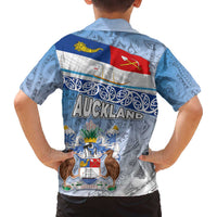 New Zealand Auckland Family Matching Off The Shoulder Long Sleeve Dress and Hawaiian Shirt Auckland's Flag and Coat of Arms - Koru Art Maori Pattern LT03 - Polynesian Pride