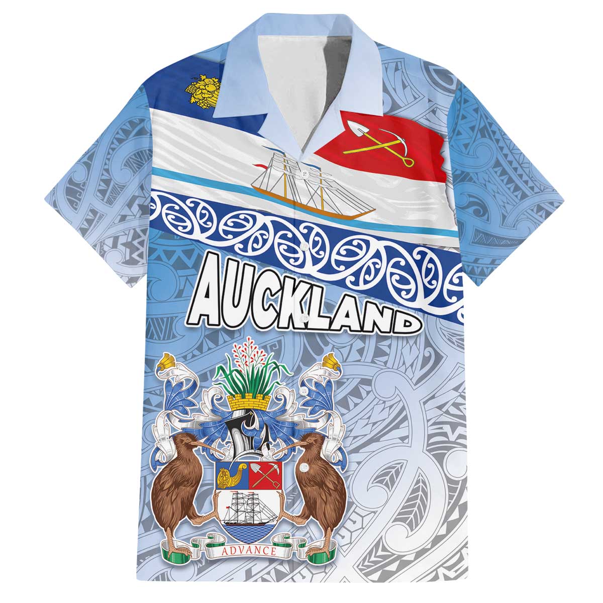 New Zealand Auckland Family Matching Off The Shoulder Long Sleeve Dress and Hawaiian Shirt Auckland's Flag and Coat of Arms - Koru Art Maori Pattern LT03 Dad's Shirt - Short Sleeve Light Blue - Polynesian Pride