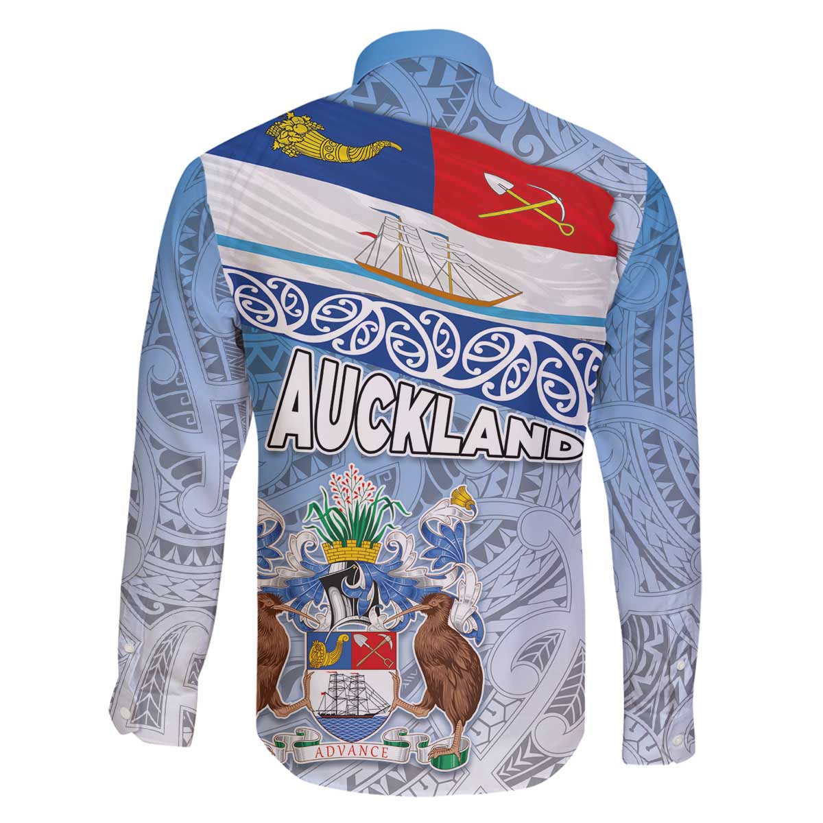 New Zealand Auckland Family Matching Off The Shoulder Long Sleeve Dress and Hawaiian Shirt Auckland's Flag and Coat of Arms - Koru Art Maori Pattern LT03 - Polynesian Pride