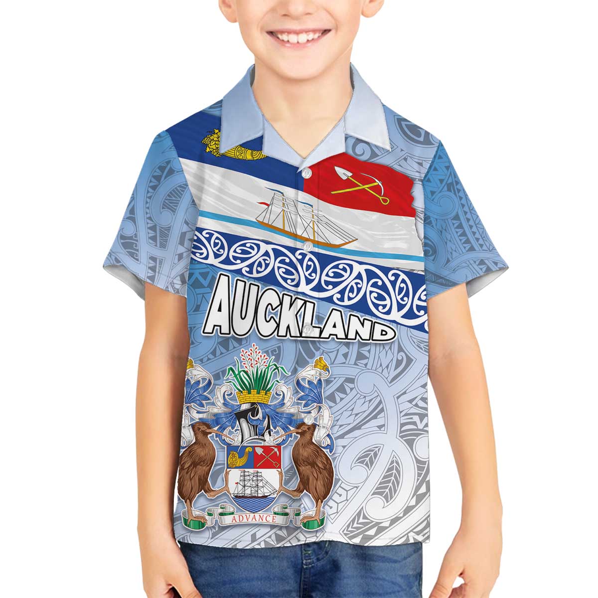 New Zealand Auckland Family Matching Off The Shoulder Long Sleeve Dress and Hawaiian Shirt Auckland's Flag and Coat of Arms - Koru Art Maori Pattern LT03 Son's Shirt Light Blue - Polynesian Pride