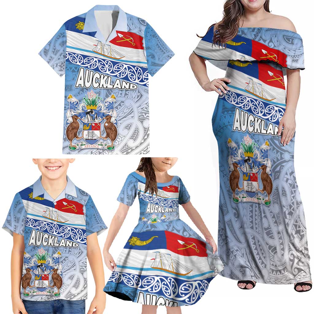 New Zealand Auckland Family Matching Off Shoulder Maxi Dress and Hawaiian Shirt Auckland's Flag and Coat of Arms - Koru Art Maori Pattern LT03 - Polynesian Pride