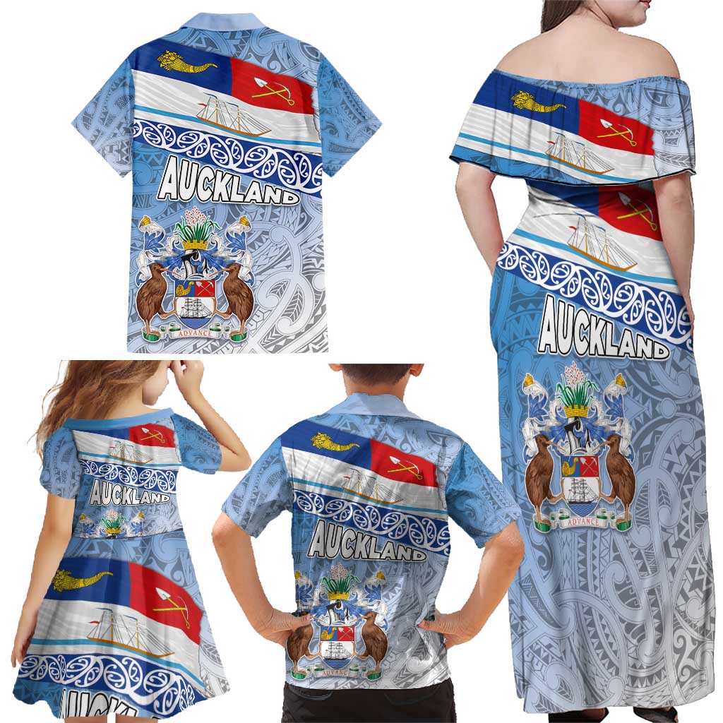New Zealand Auckland Family Matching Off Shoulder Maxi Dress and Hawaiian Shirt Auckland's Flag and Coat of Arms - Koru Art Maori Pattern LT03 - Polynesian Pride