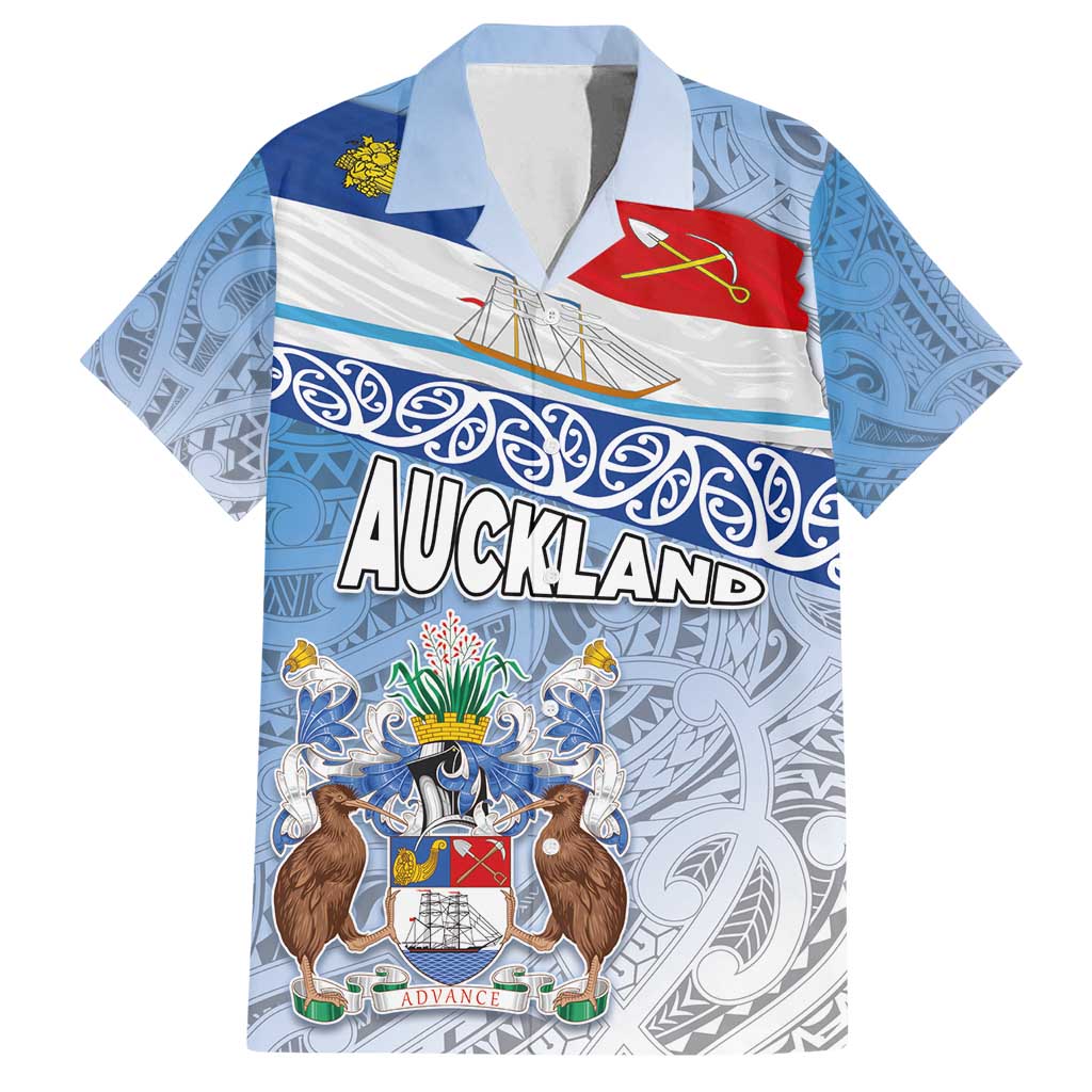 New Zealand Auckland Family Matching Off Shoulder Maxi Dress and Hawaiian Shirt Auckland's Flag and Coat of Arms - Koru Art Maori Pattern LT03 Dad's Shirt - Short Sleeve Light Blue - Polynesian Pride