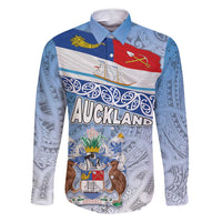 New Zealand Auckland Family Matching Off Shoulder Maxi Dress and Hawaiian Shirt Auckland's Flag and Coat of Arms - Koru Art Maori Pattern LT03 Dad's Shirt - Long Sleeve Light Blue - Polynesian Pride
