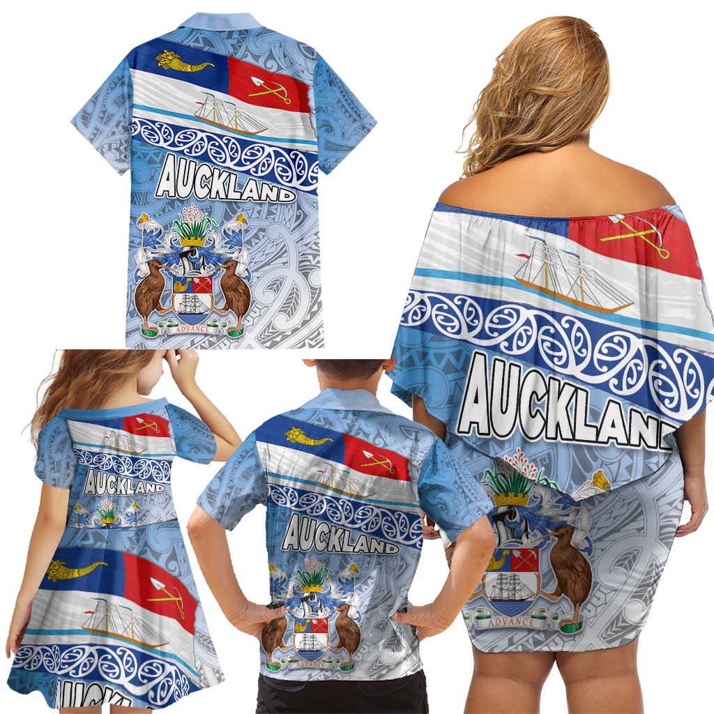 New Zealand Auckland Family Matching Off Shoulder Short Dress and Hawaiian Shirt Auckland's Flag and Coat of Arms - Koru Art Maori Pattern LT03 - Polynesian Pride