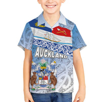 New Zealand Auckland Family Matching Off Shoulder Short Dress and Hawaiian Shirt Auckland's Flag and Coat of Arms - Koru Art Maori Pattern LT03 Son's Shirt Light Blue - Polynesian Pride