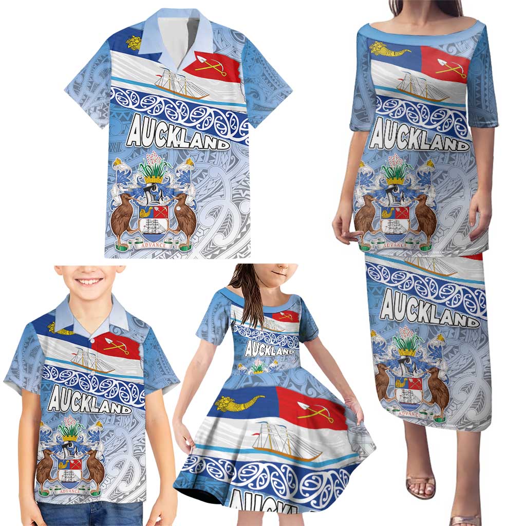 New Zealand Auckland Family Matching Puletasi and Hawaiian Shirt Auckland's Flag and Coat of Arms - Koru Art Maori Pattern LT03 - Polynesian Pride