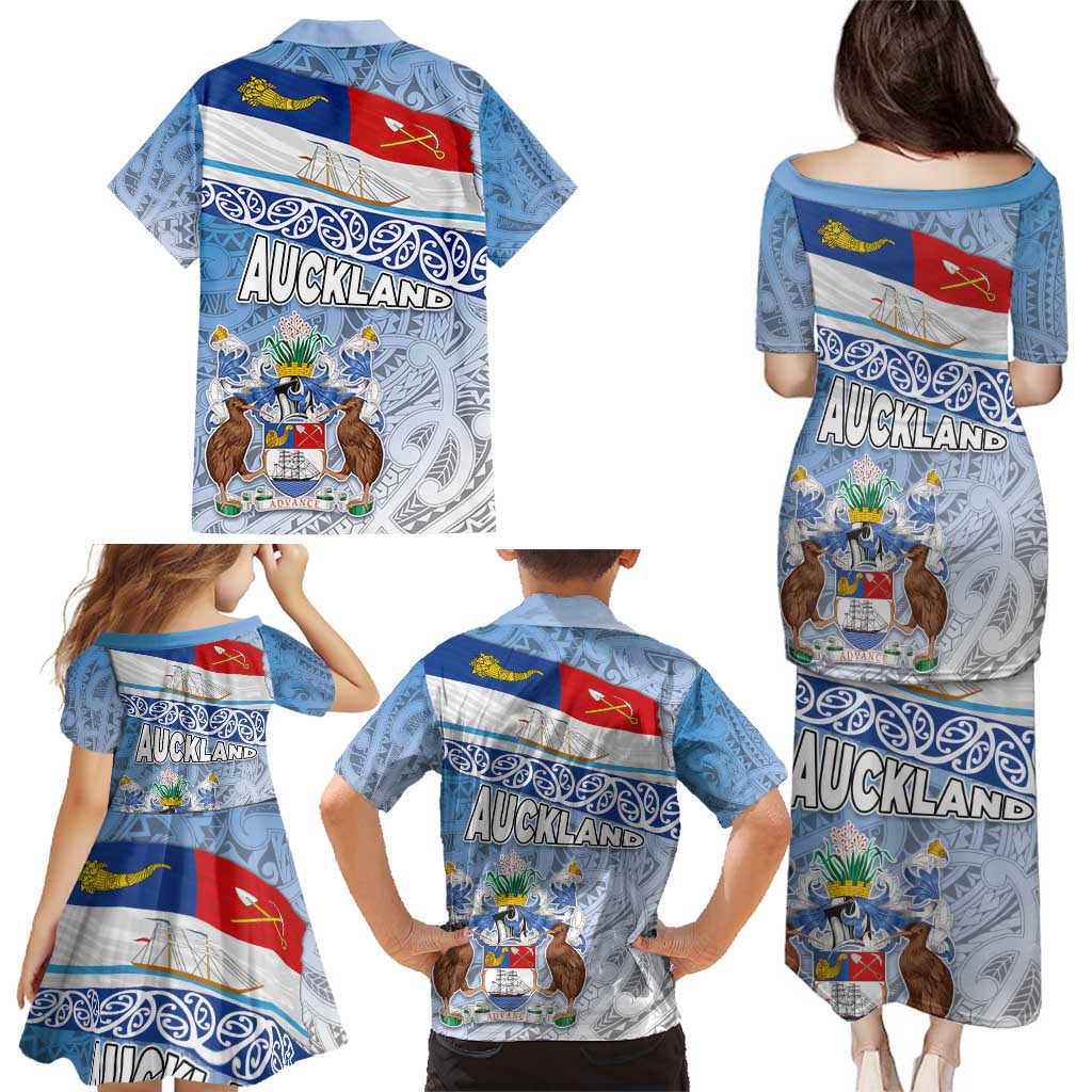 New Zealand Auckland Family Matching Puletasi and Hawaiian Shirt Auckland's Flag and Coat of Arms - Koru Art Maori Pattern LT03 - Polynesian Pride