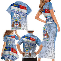 New Zealand Auckland Family Matching Short Sleeve Bodycon Dress and Hawaiian Shirt Auckland's Flag and Coat of Arms - Koru Art Maori Pattern LT03 - Polynesian Pride