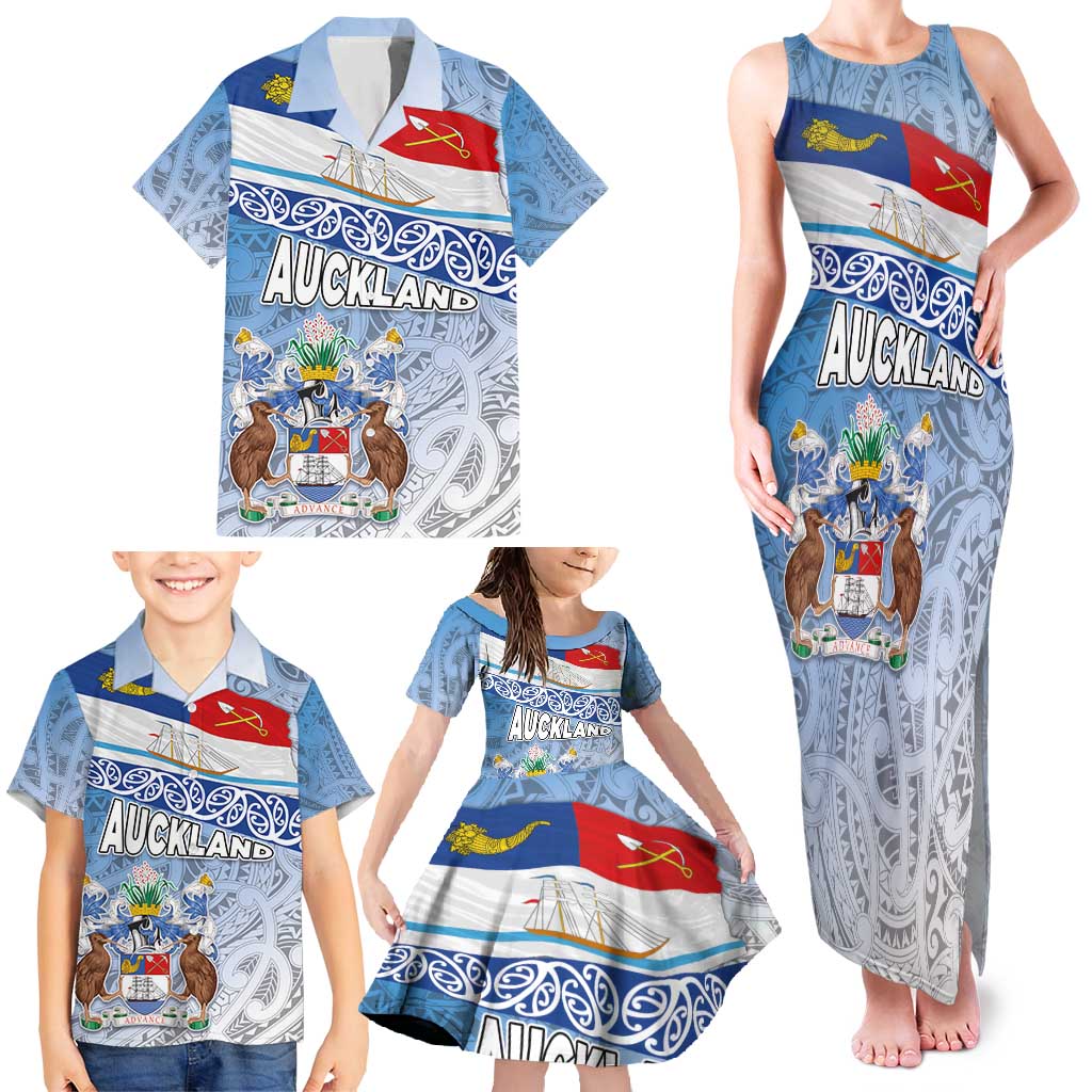 New Zealand Auckland Family Matching Tank Maxi Dress and Hawaiian Shirt Auckland's Flag and Coat of Arms - Koru Art Maori Pattern LT03 - Polynesian Pride