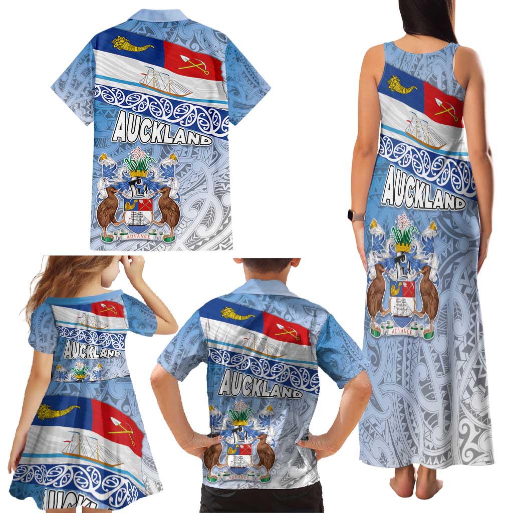 New Zealand Auckland Family Matching Tank Maxi Dress and Hawaiian Shirt Auckland's Flag and Coat of Arms - Koru Art Maori Pattern LT03 - Polynesian Pride