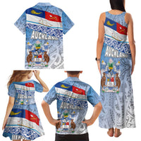 New Zealand Auckland Family Matching Tank Maxi Dress and Hawaiian Shirt Auckland's Flag and Coat of Arms - Koru Art Maori Pattern LT03 - Polynesian Pride