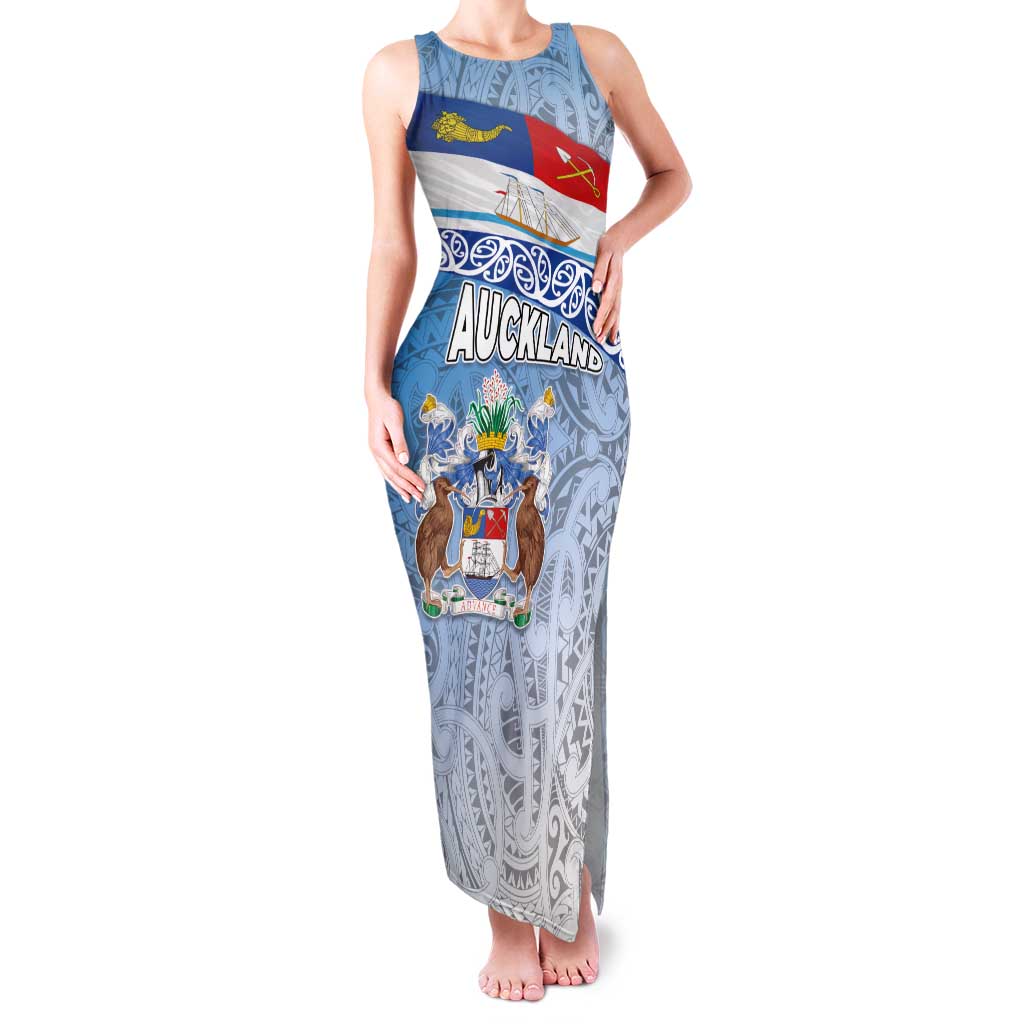 New Zealand Auckland Family Matching Tank Maxi Dress and Hawaiian Shirt Auckland's Flag and Coat of Arms - Koru Art Maori Pattern LT03 Mom's Dress Light Blue - Polynesian Pride