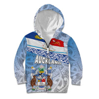 New Zealand Auckland Kid Hoodie Auckland's Flag and Coat of Arms - Koru Art Maori Pattern LT03 Zip Hoodie Light Blue - Polynesian Pride