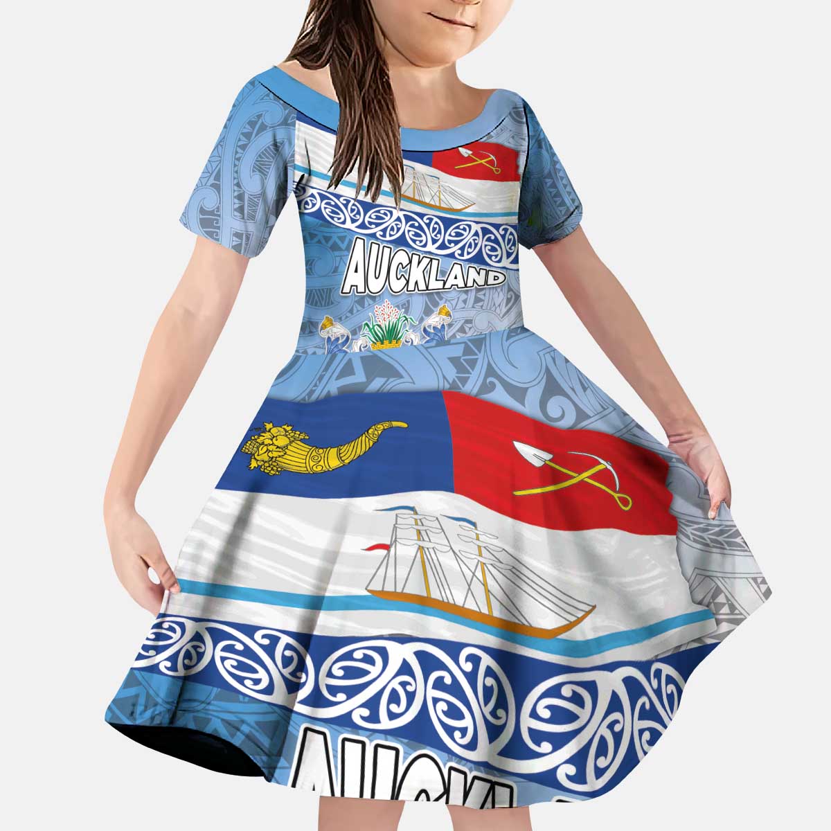 New Zealand Auckland Kid Short Sleeve Dress Auckland's Flag and Coat of Arms - Koru Art Maori Pattern LT03 KID Light Blue - Polynesian Pride