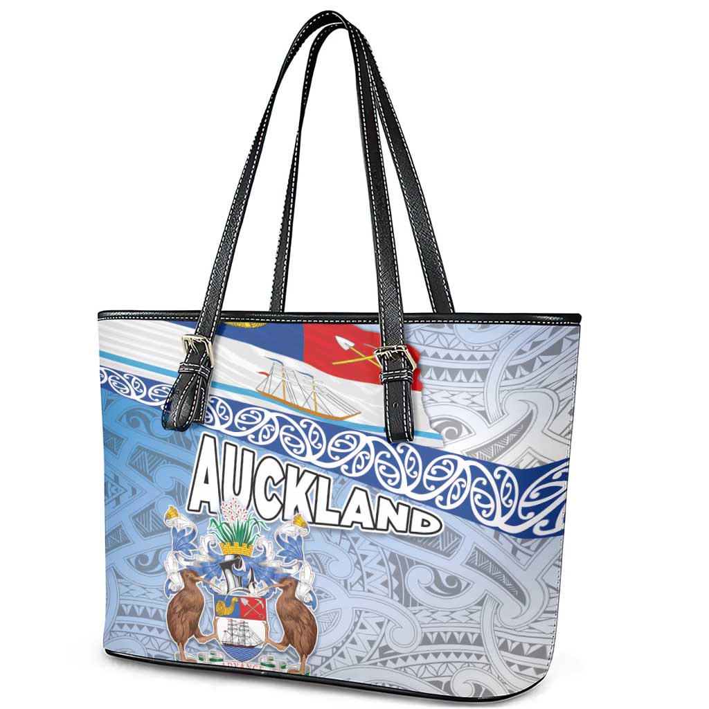 New Zealand Auckland Leather Tote Bag Auckland's Flag and Coat of Arms - Koru Art Maori Pattern LT03 - Polynesian Pride