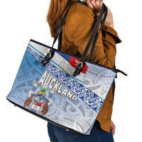 New Zealand Auckland Leather Tote Bag Auckland's Flag and Coat of Arms - Koru Art Maori Pattern LT03 - Polynesian Pride