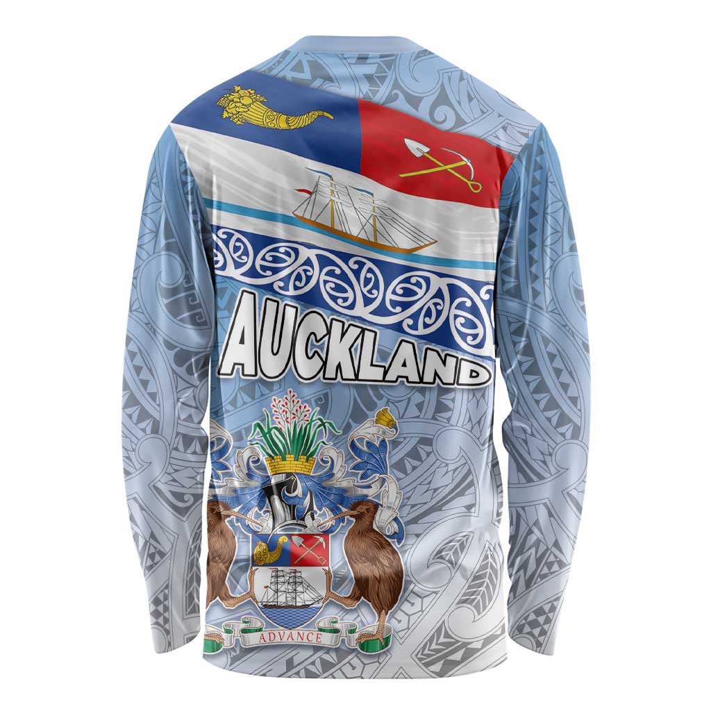 New Zealand Auckland Long Sleeve Shirt Auckland's Flag and Coat of Arms - Koru Art Maori Pattern LT03 - Polynesian Pride
