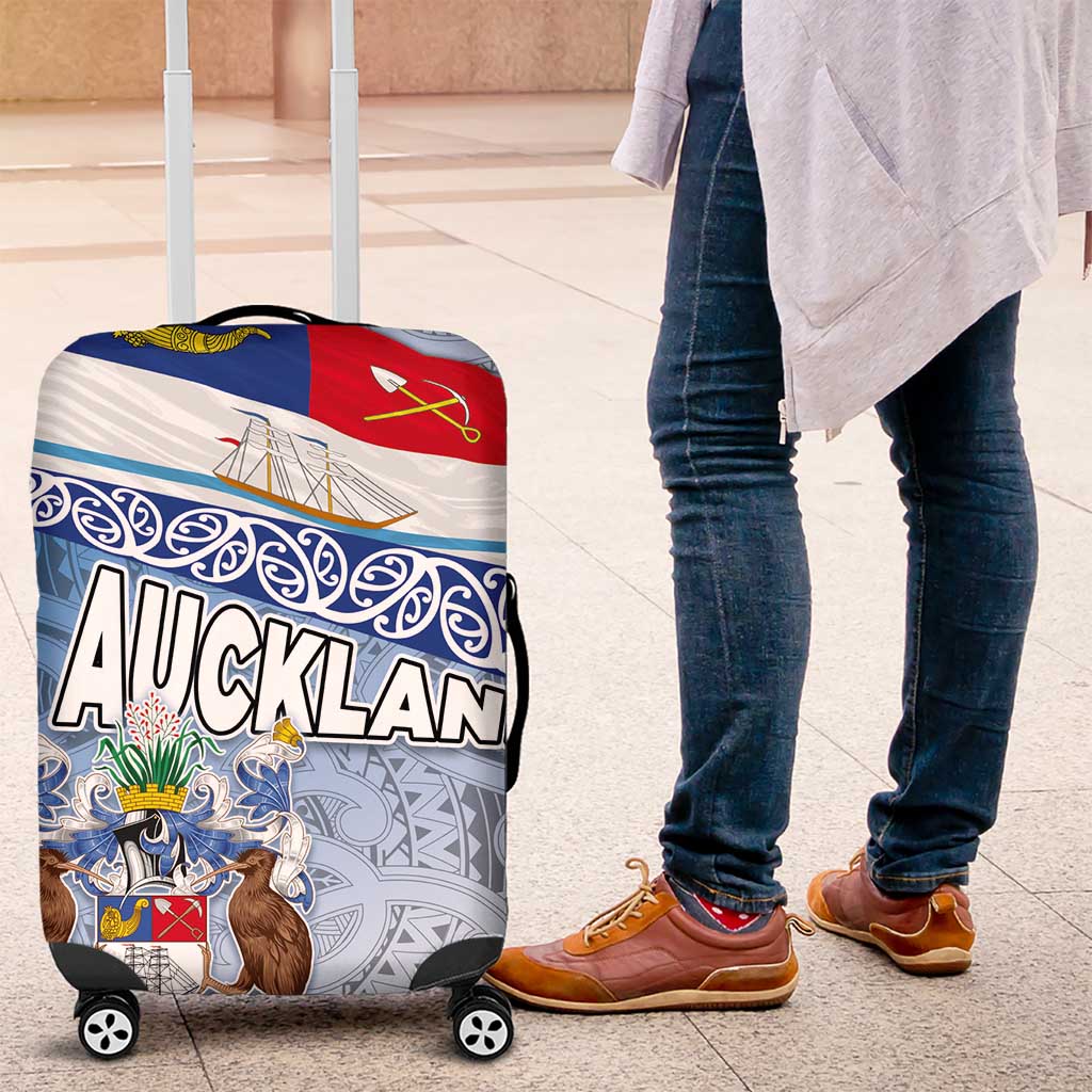 New Zealand Auckland Luggage Cover Auckland's Flag and Coat of Arms - Koru Art Maori Pattern LT03 Light Blue - Polynesian Pride