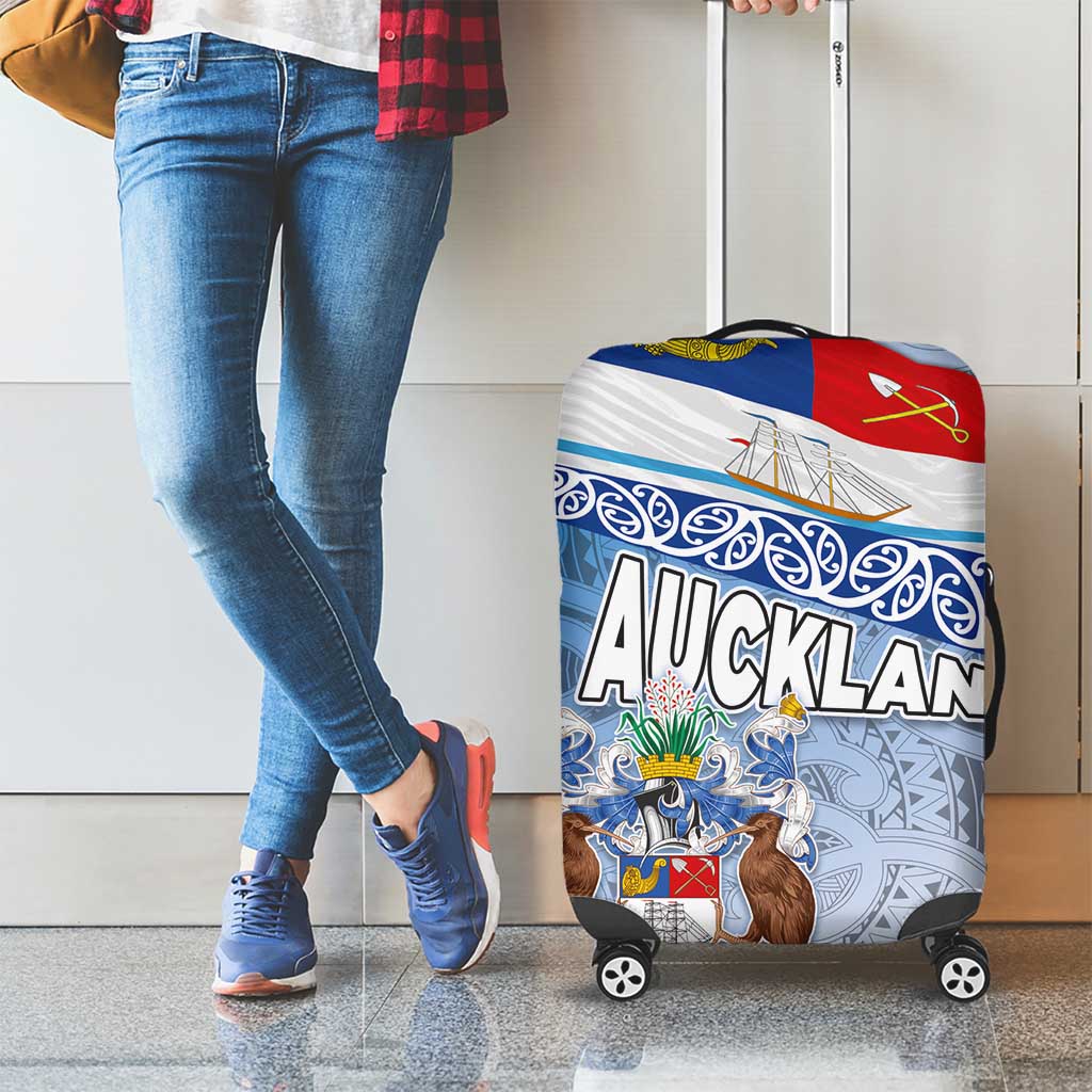 New Zealand Auckland Luggage Cover Auckland's Flag and Coat of Arms - Koru Art Maori Pattern LT03 - Polynesian Pride