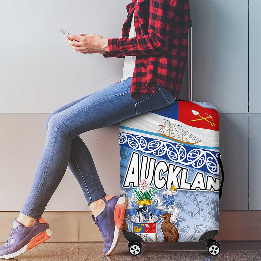 New Zealand Auckland Luggage Cover Auckland's Flag and Coat of Arms - Koru Art Maori Pattern LT03 - Polynesian Pride