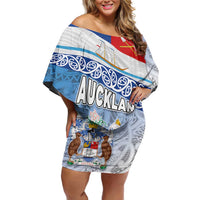New Zealand Auckland Off Shoulder Short Dress Auckland's Flag and Coat of Arms - Koru Art Maori Pattern LT03 Women Light Blue - Polynesian Pride