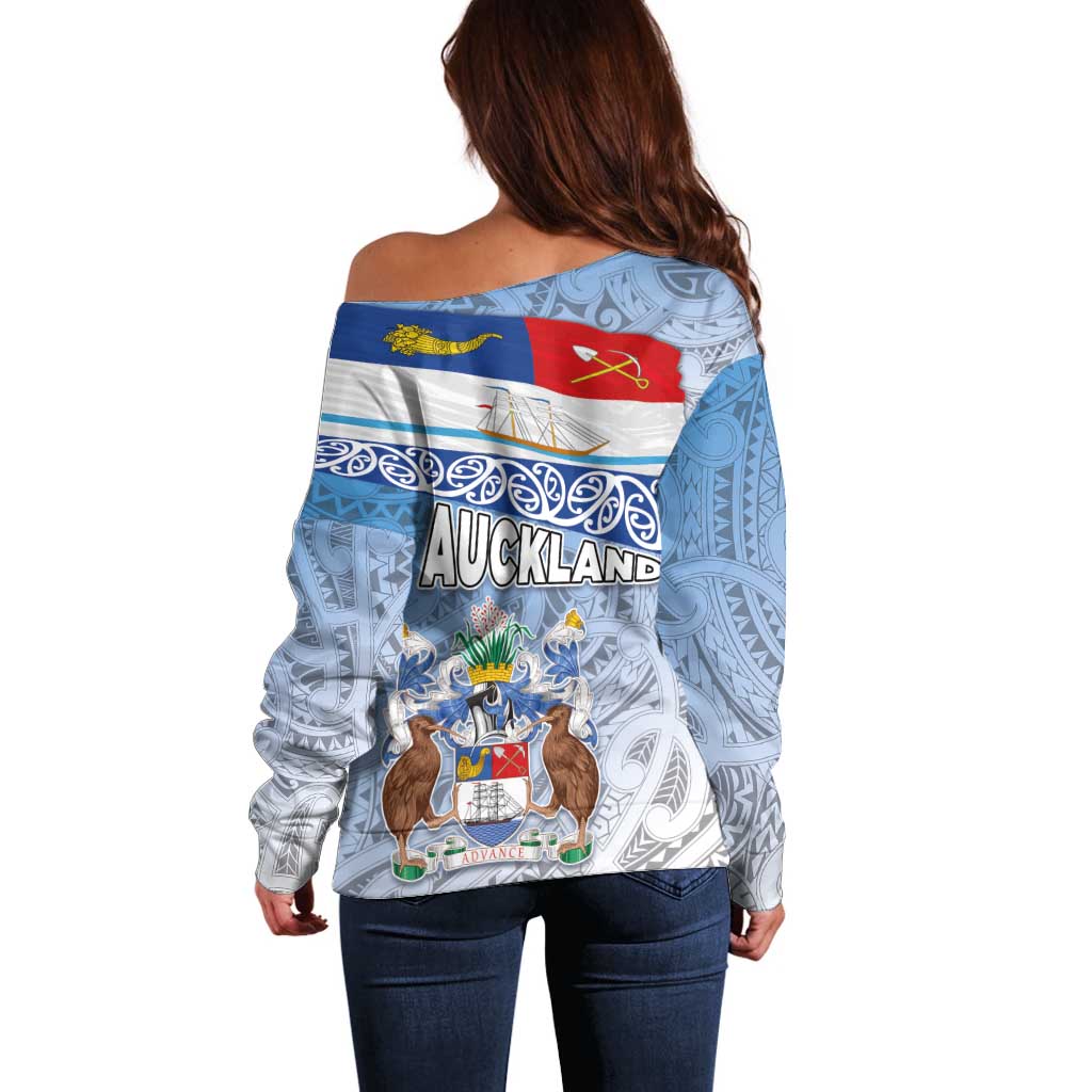 New Zealand Auckland Off Shoulder Sweater Auckland's Flag and Coat of Arms - Koru Art Maori Pattern LT03 - Polynesian Pride