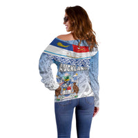 New Zealand Auckland Off Shoulder Sweater Auckland's Flag and Coat of Arms - Koru Art Maori Pattern LT03 - Polynesian Pride