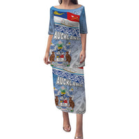 New Zealand Auckland Puletasi Auckland's Flag and Coat of Arms - Koru Art Maori Pattern LT03 Long Dress Light Blue - Polynesian Pride